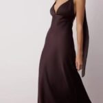 Brown graduation and evening style maxi dress with satin weave and shawl detail