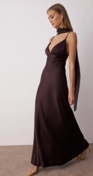 Brown graduation and evening style maxi dress with satin weave and shawl detail