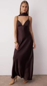 Brown graduation and evening style maxi dress with satin weave and shawl detail - Image 2