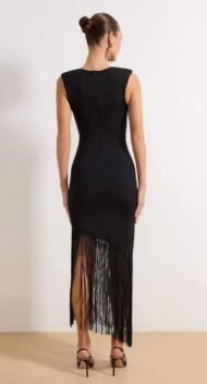 Black Knitted Party Dress with Tassel Detail and Bodycone/Body-hugging Lining - Image 3