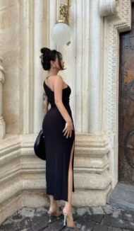 Black one-sleeved long dress with lace - Image 3