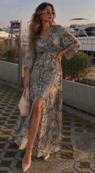 Green long dress with pattern and slit detail